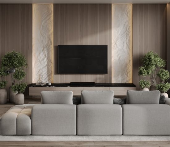 Stylish,Modern,Living,Room,With,Gray,Sofa,,Carpet,,Green,Plants,